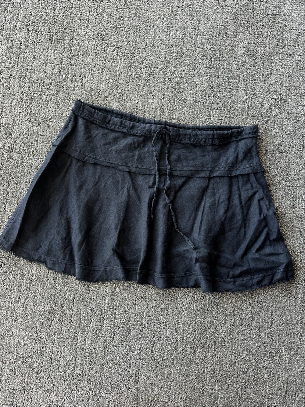 Lucky Love Linen Boho Mini Skirt Drawstring Low Rise Flowy Black Vacation - L